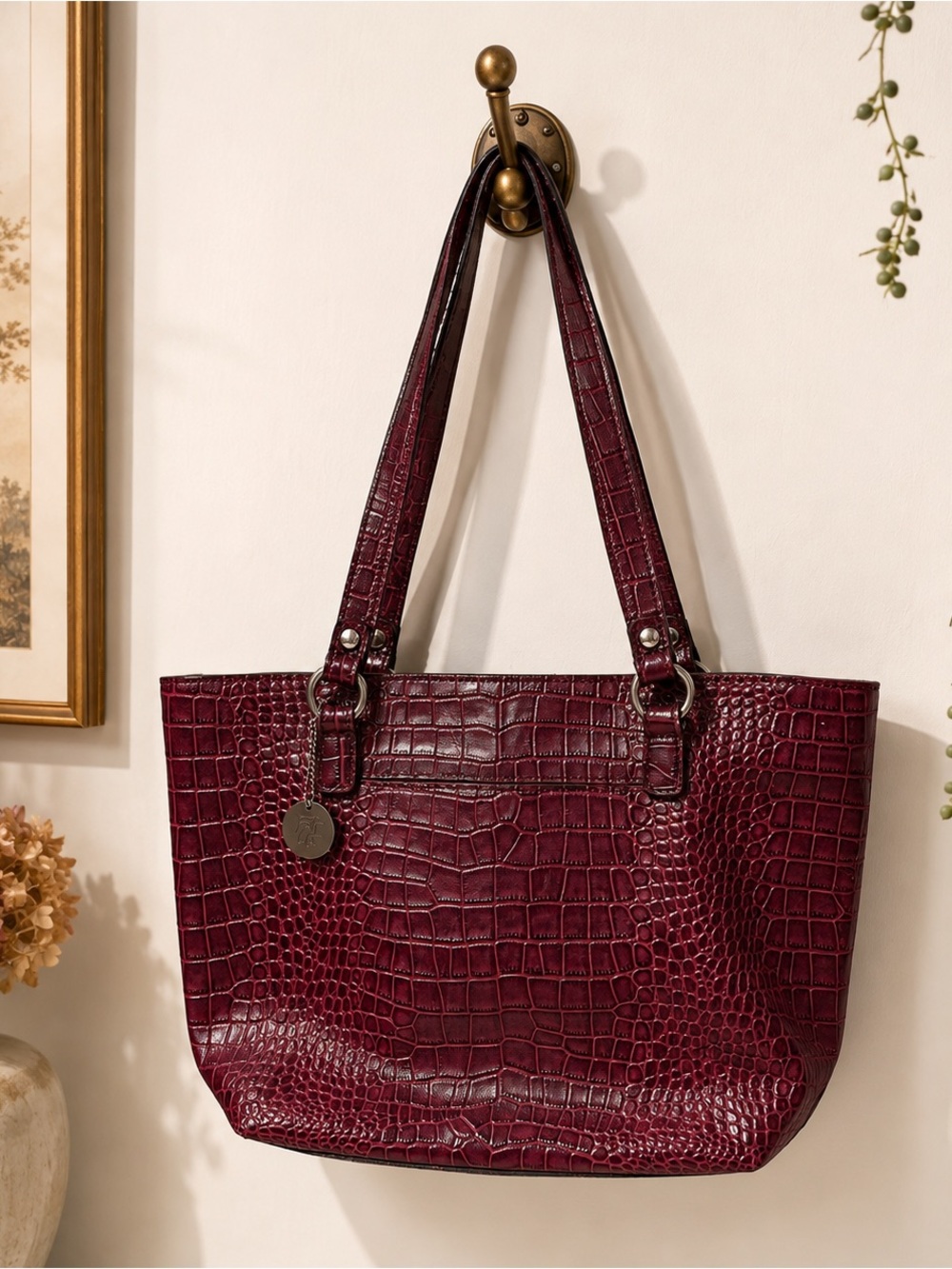 Patricia Nash Lindsell Tote Burgundy Croc Embossed Leather Shoulder Bag